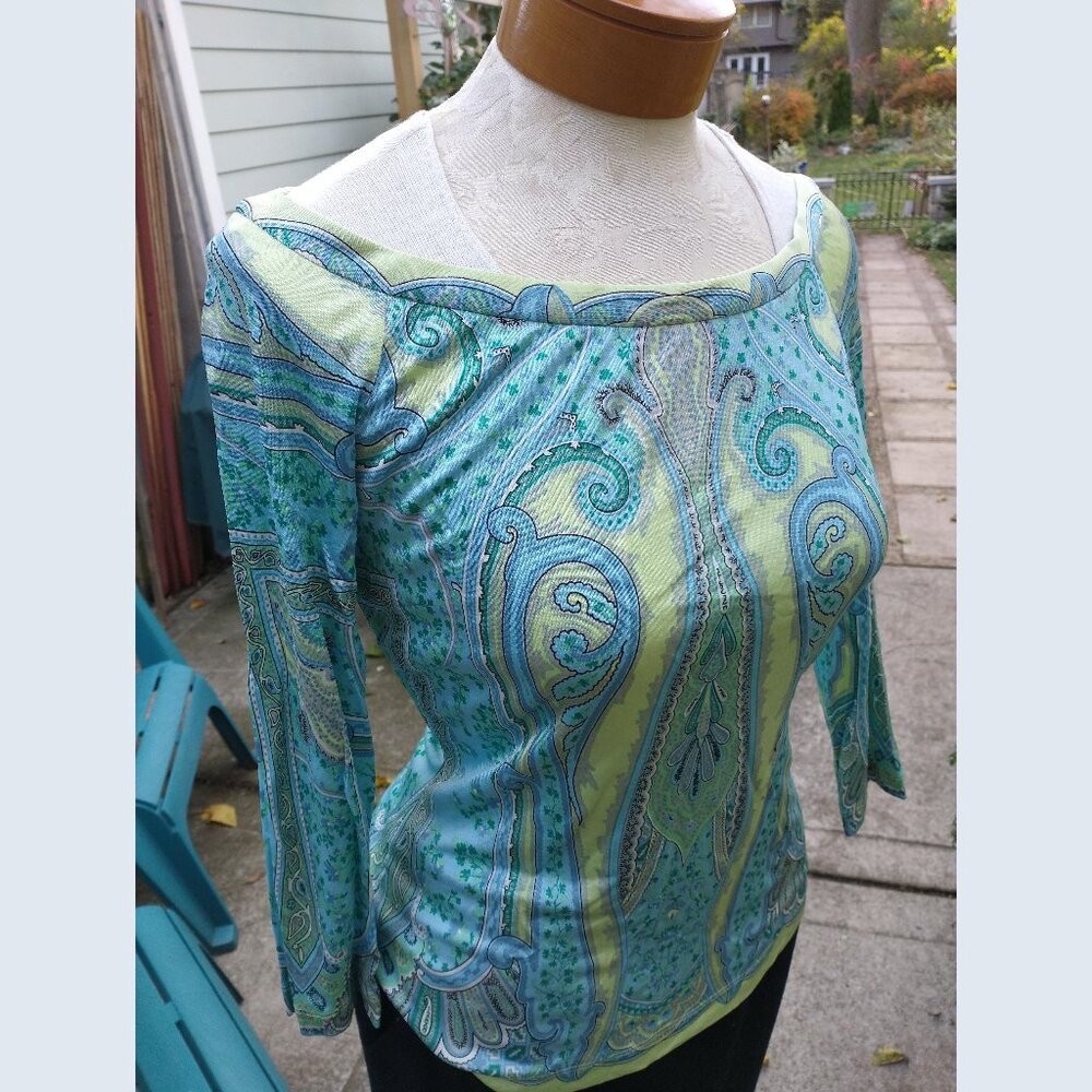 Top: Silk, light blue/green, paisley, wide neck. Size small - by Elie Tahari